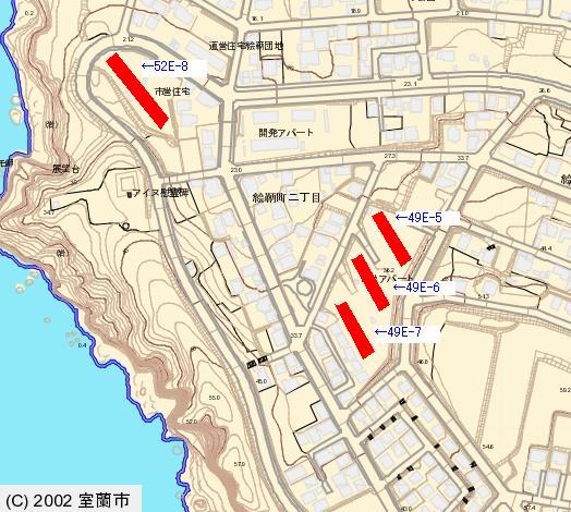 絵鞆町団地49E-5、49E-6、49E-7、52E-8の所在地図